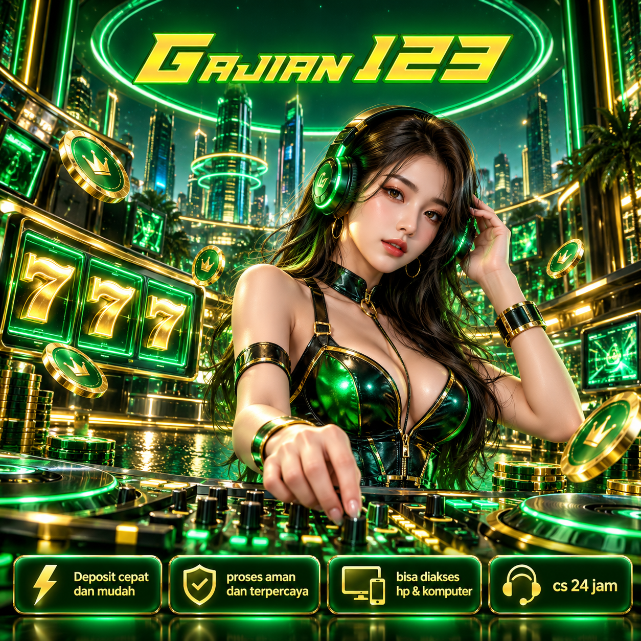 GAJIAN123: ilustrasi DJ futuristis, lampu hijau neon dan emas