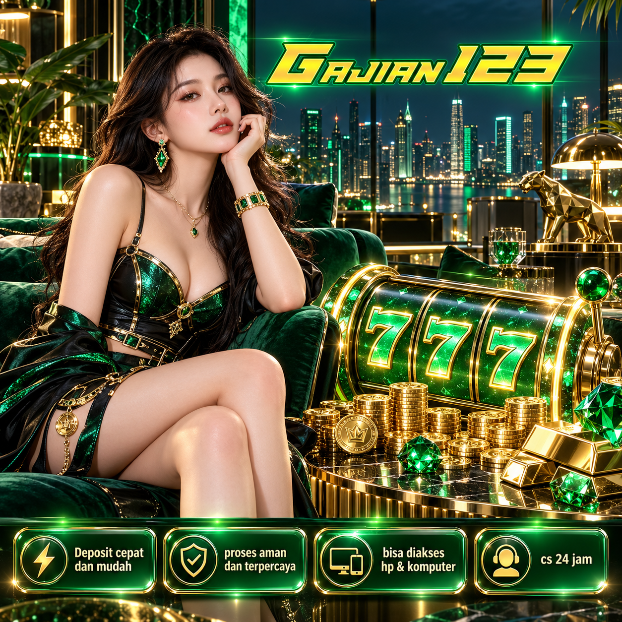 GAJIAN123: ilustrasi lounge kota malam dengan karakter dan warna hijau emas